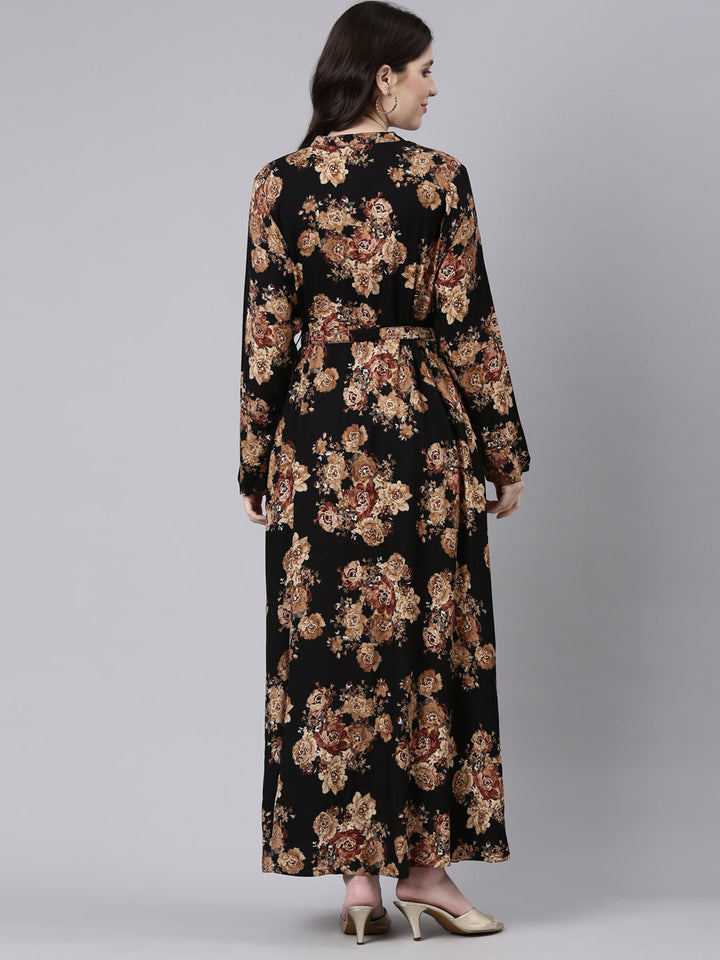 Neerus Black printed striped maxi dress - side view