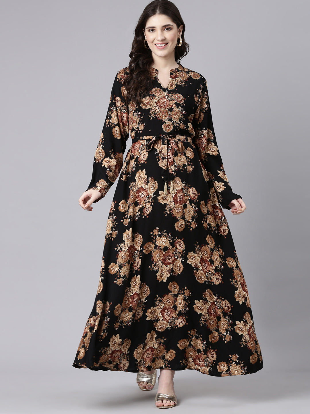 Neerus Black printed striped maxi dress - detail view 2