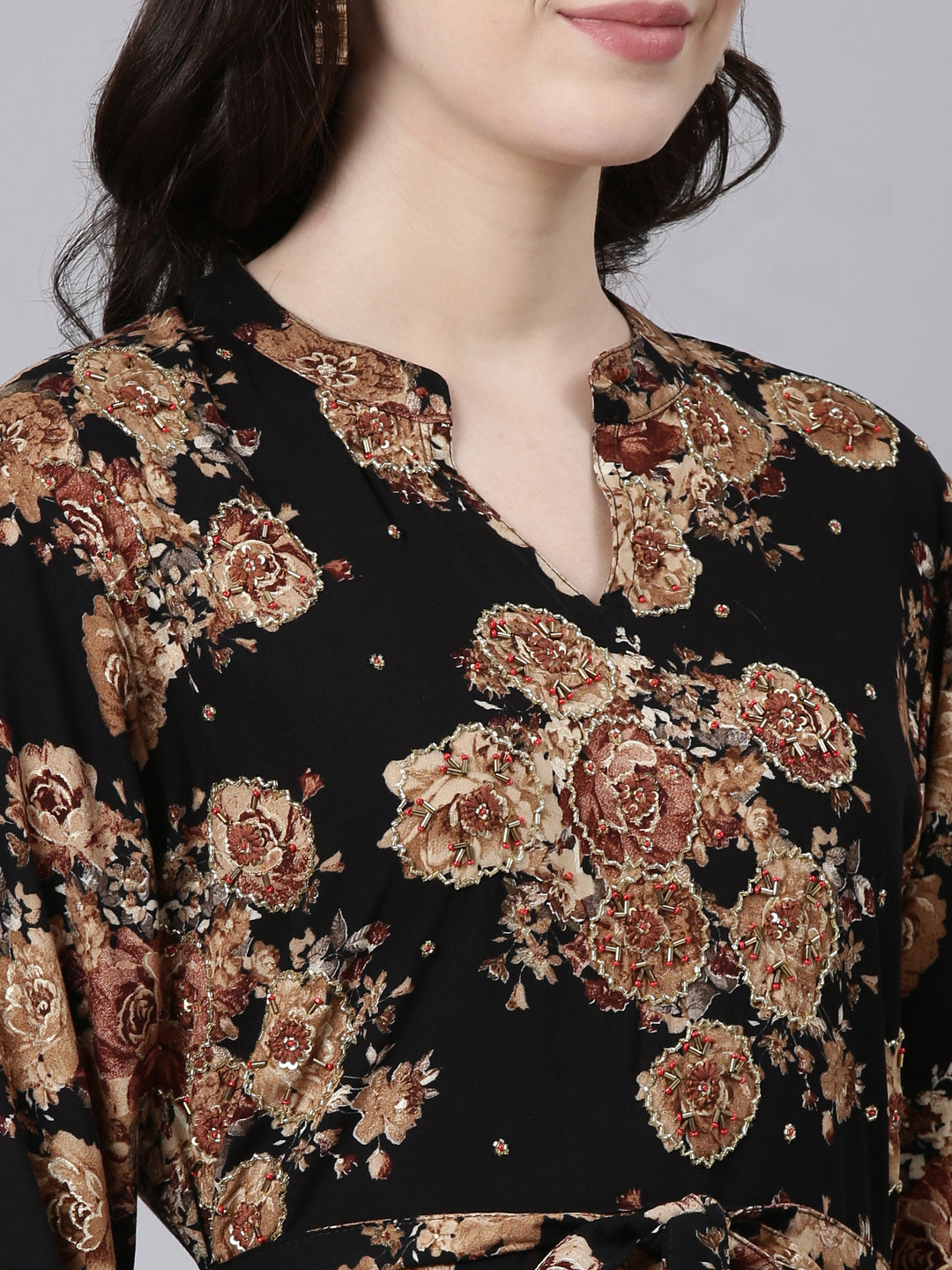 Neerus Black printed striped maxi dress - detail view 1