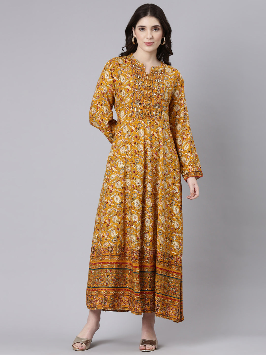 Neerus Yellow printed maxi dress straight silhouette - front view