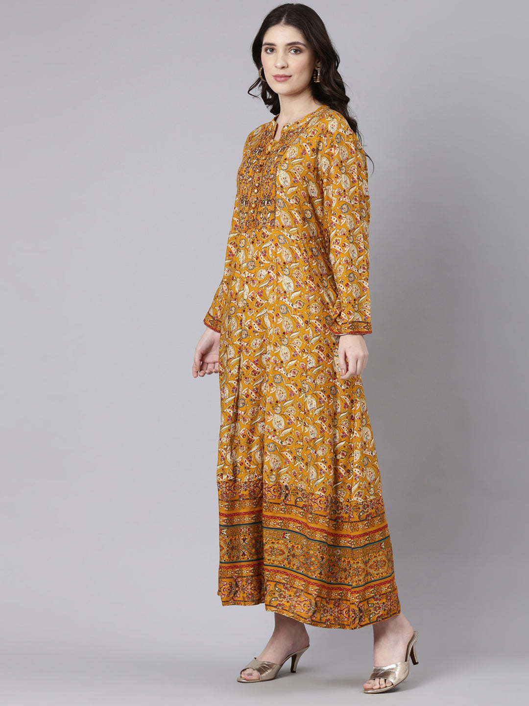 Neerus Yellow printed maxi dress straight silhouette - back view
