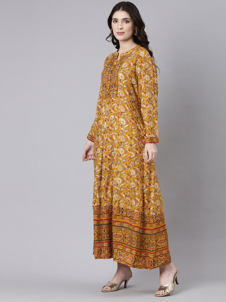 Neerus Yellow printed maxi dress straight silhouette - back view