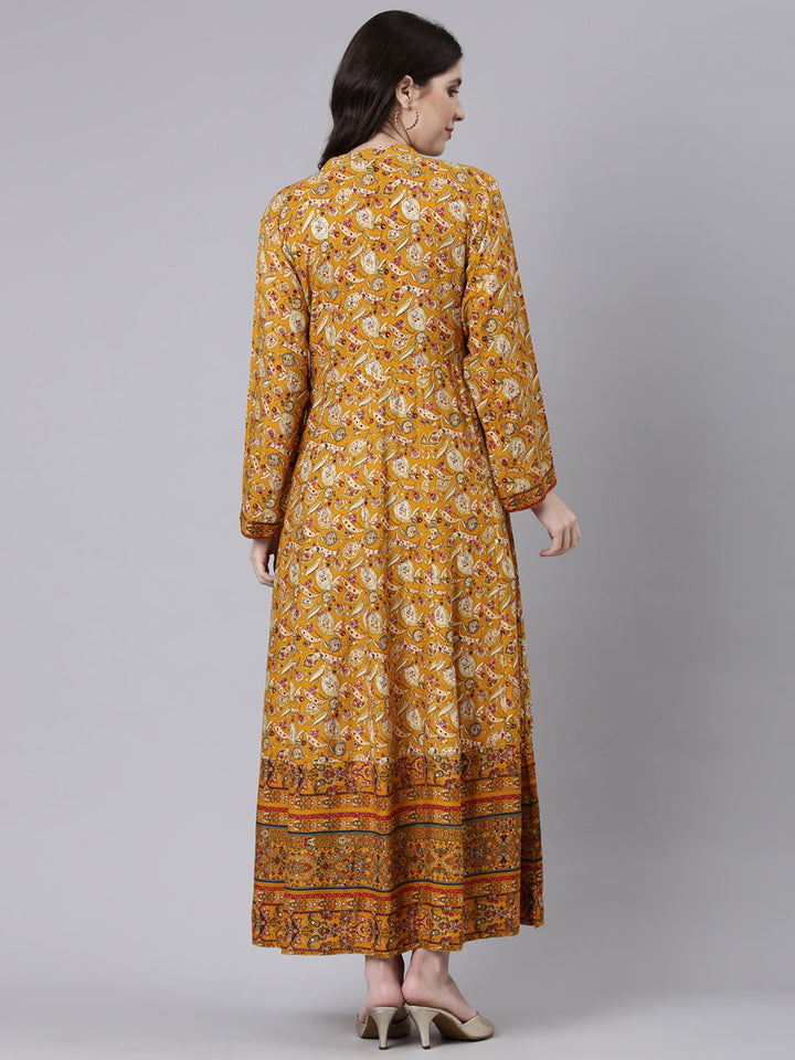 Neerus Yellow printed maxi dress straight silhouette - side view
