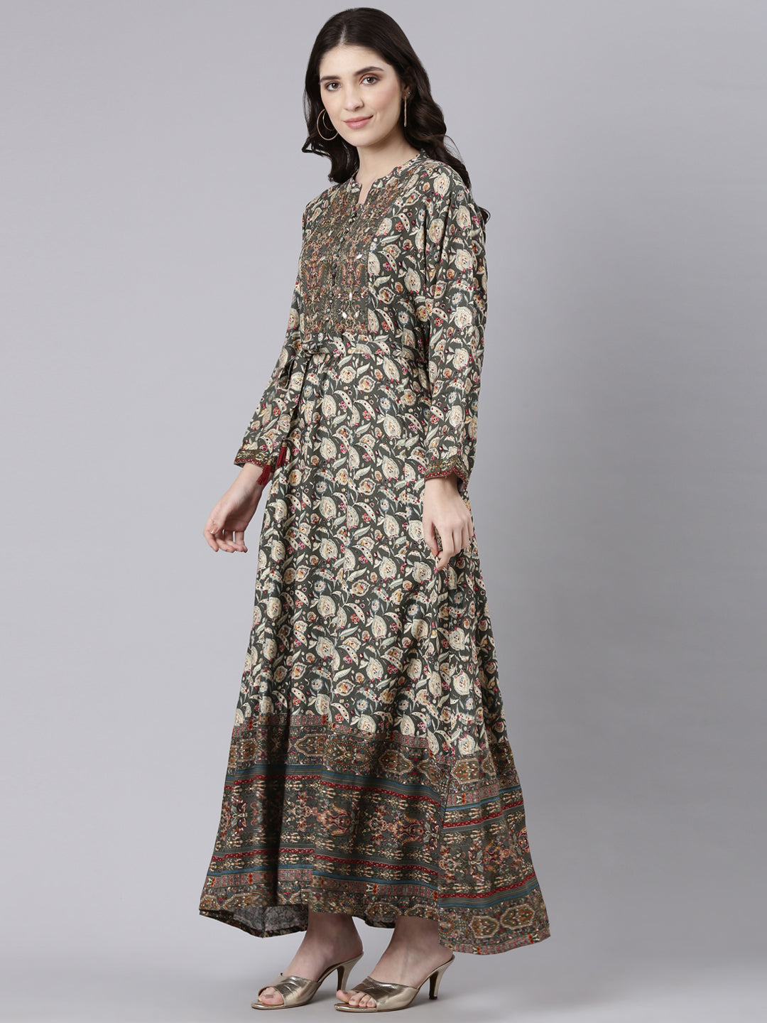 Neerus Green printed maxi dress straight silhouette - back view