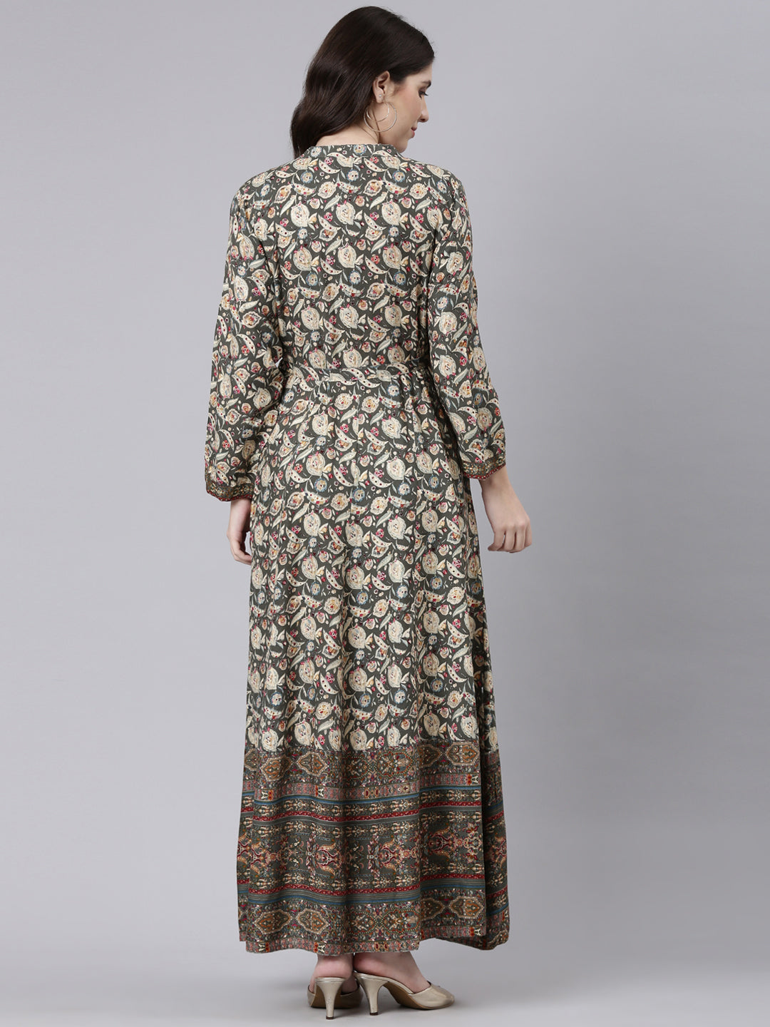 Neerus Green printed maxi dress straight silhouette - side view