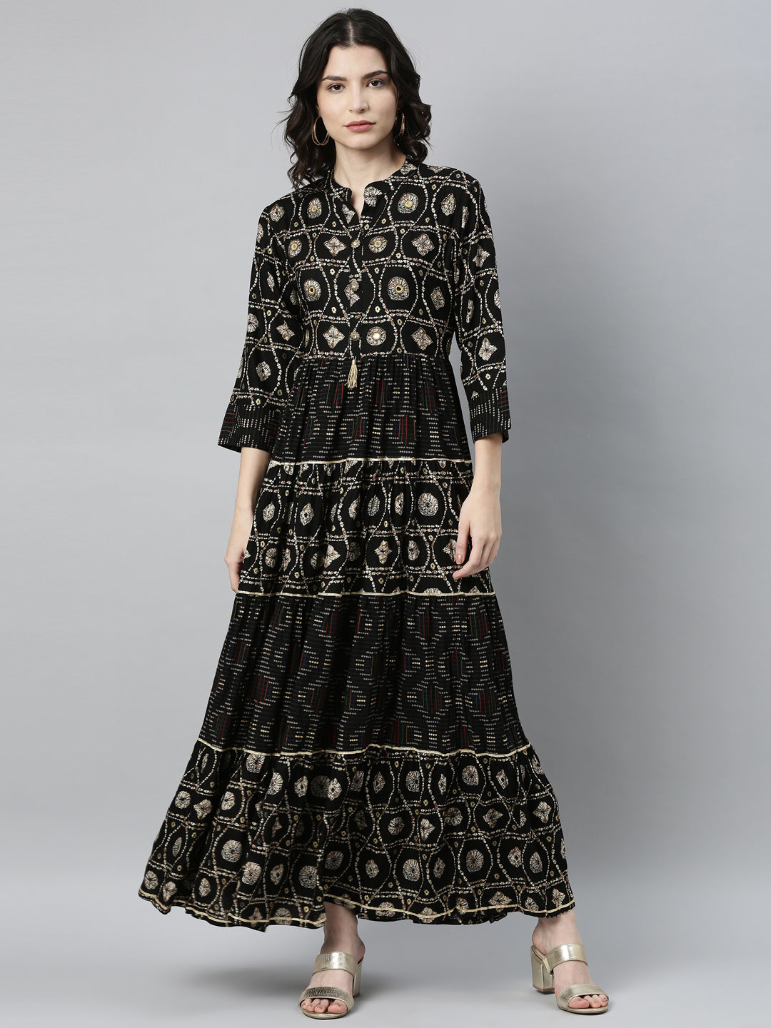 Neerus Black rayon straight kurta - front view