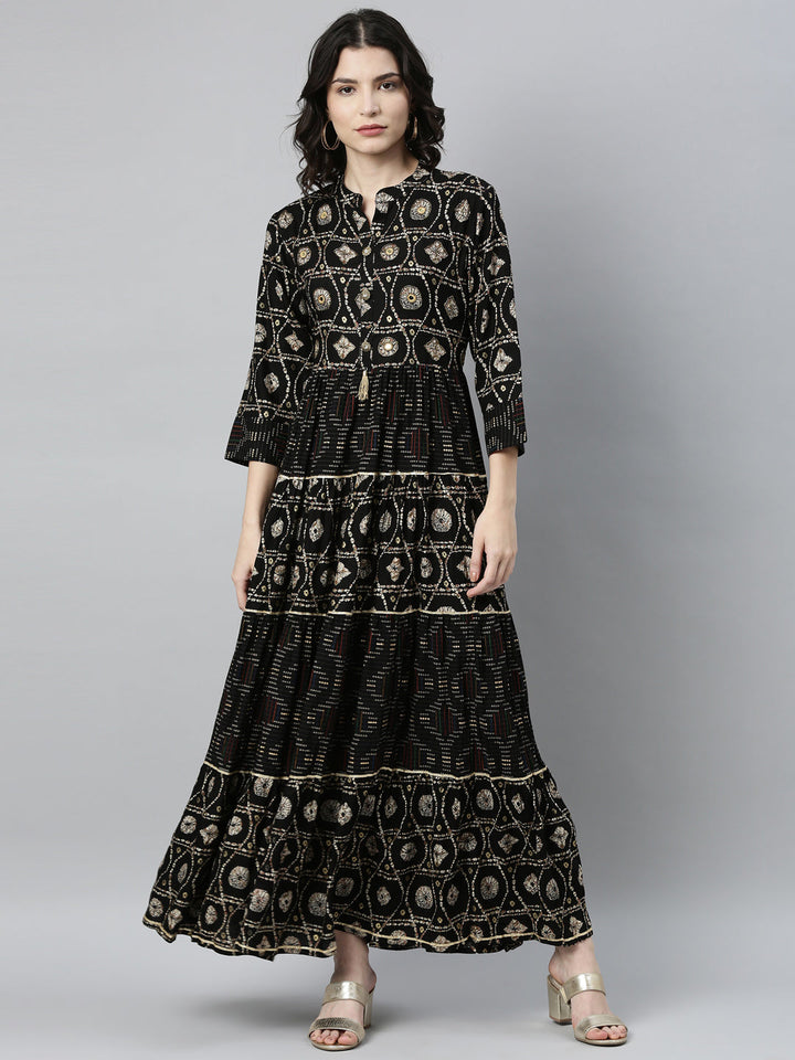 Neerus Black rayon straight kurta - front view