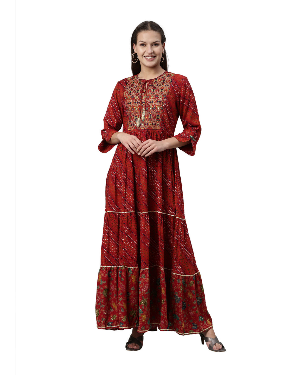 Neerus Maroon rayon straight kurta - front view