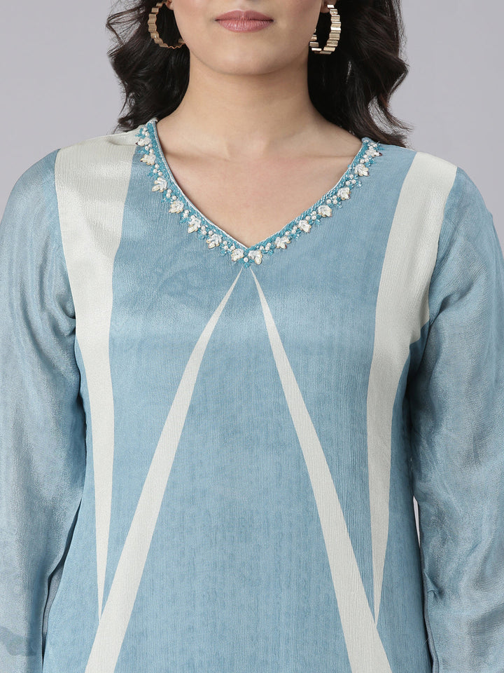 Neerus Blue Solid Straight Kurta and Trousers With Dupatta