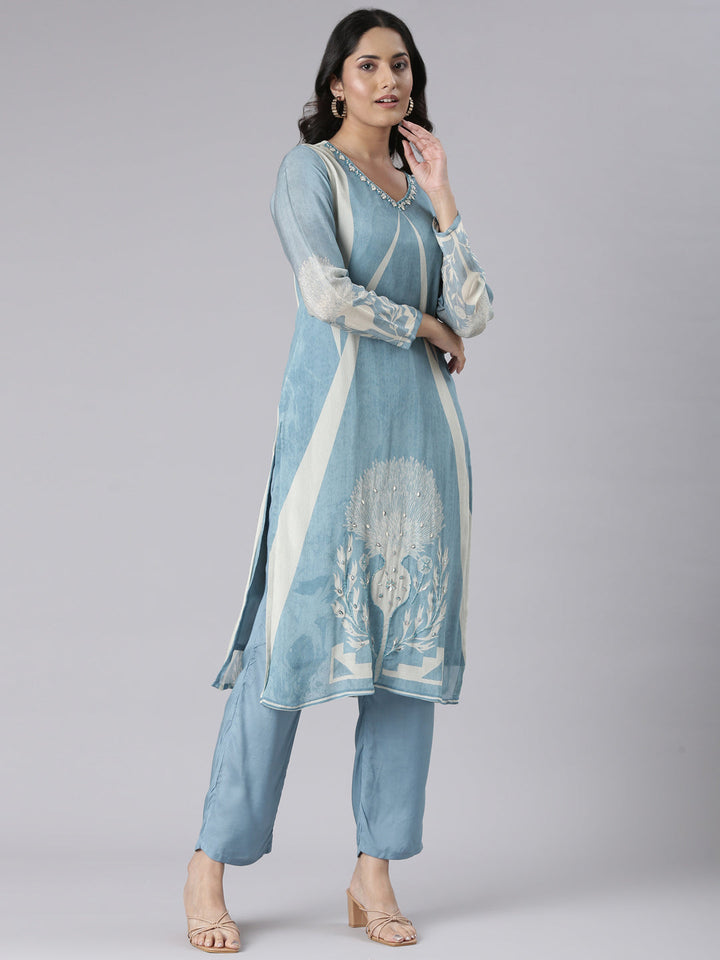 Neerus Blue Solid Straight Kurta and Trousers With Dupatta