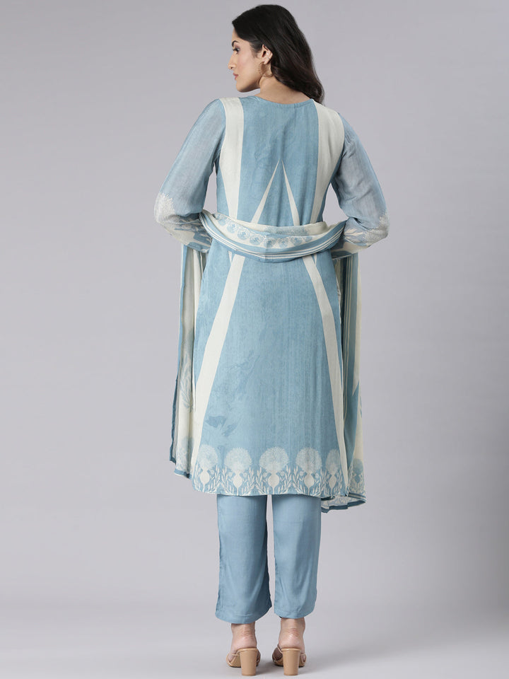 Neerus Blue Solid Straight Kurta and Trousers With Dupatta