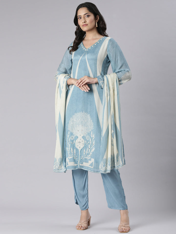 Neerus Blue Solid Straight Kurta and Trousers With Dupatta