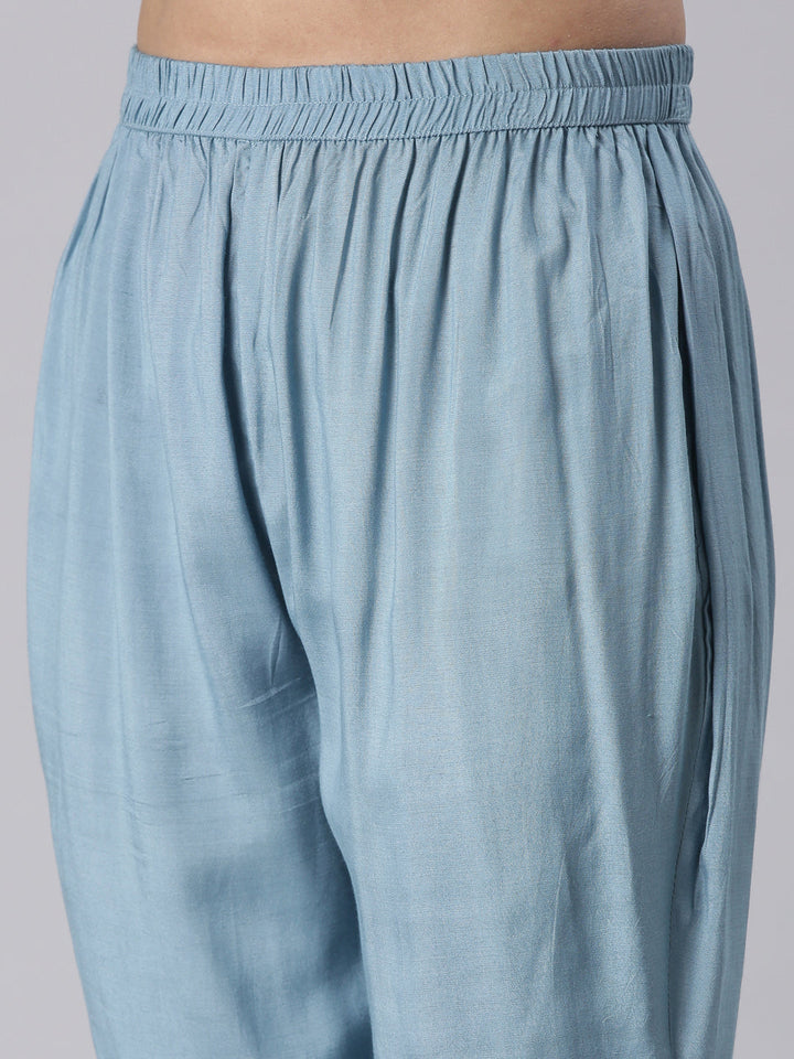 Neerus Blue Solid Straight Kurta and Trousers With Dupatta