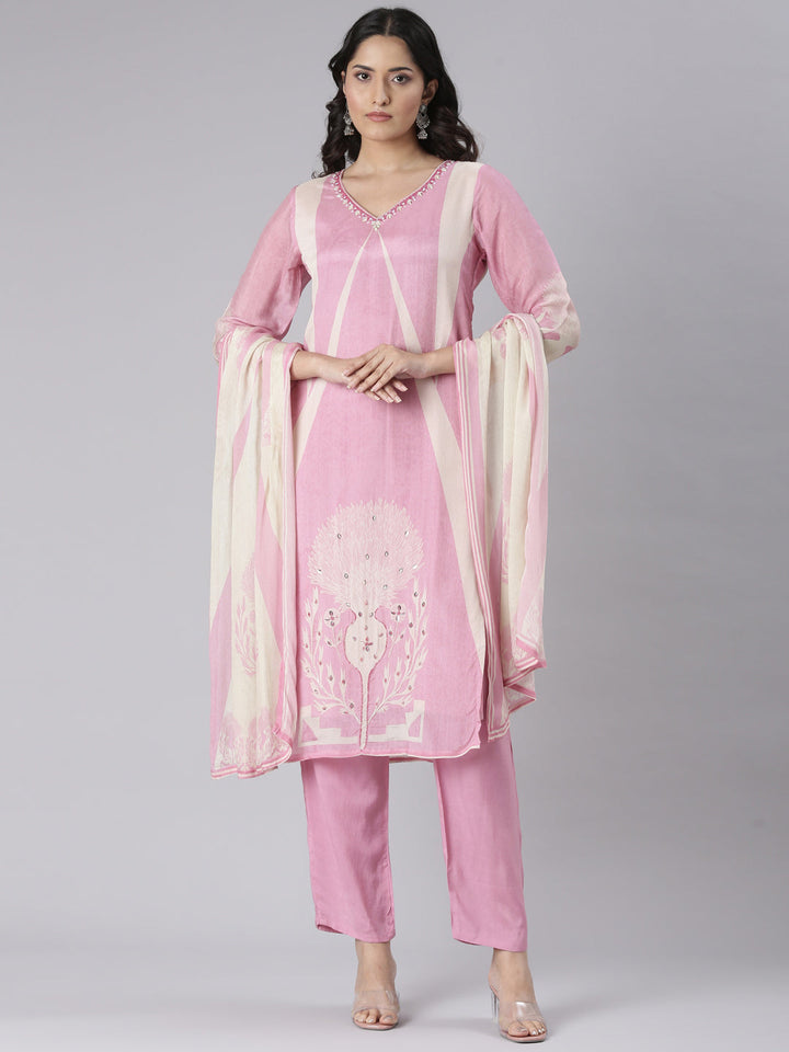 Neerus Pink Solid Straight Kurta and Trousers With Dupatta