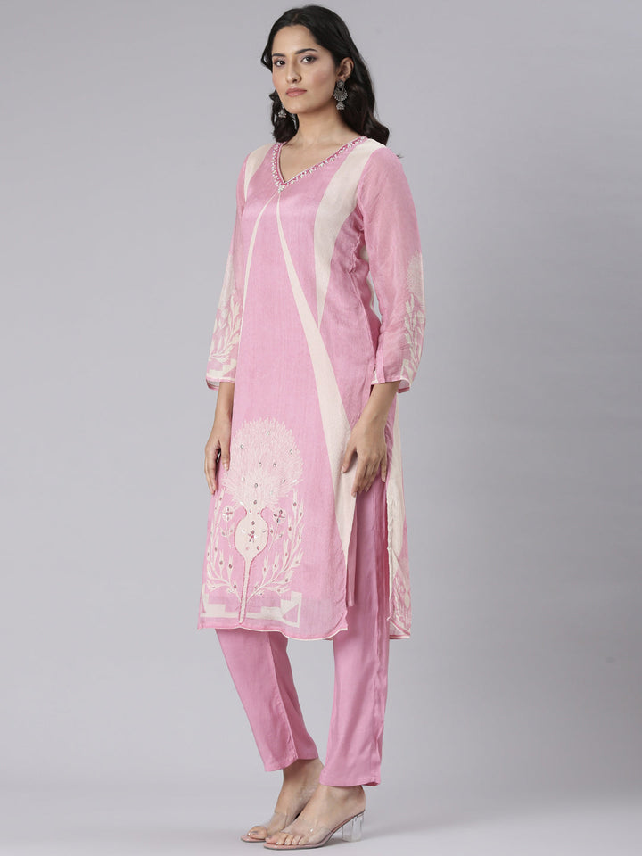Neerus Pink Solid Straight Kurta and Trousers With Dupatta