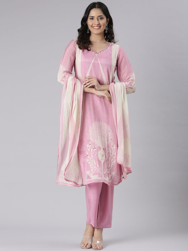Neerus Pink Solid Straight Kurta and Trousers With Dupatta