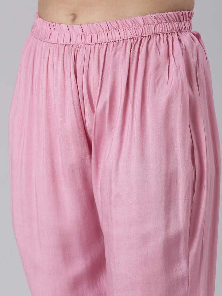 Neerus Pink Solid Straight Kurta and Trousers With Dupatta