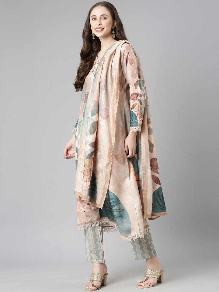 Neerus Peach Printed Straight Kurta and Trousers With Dupatta