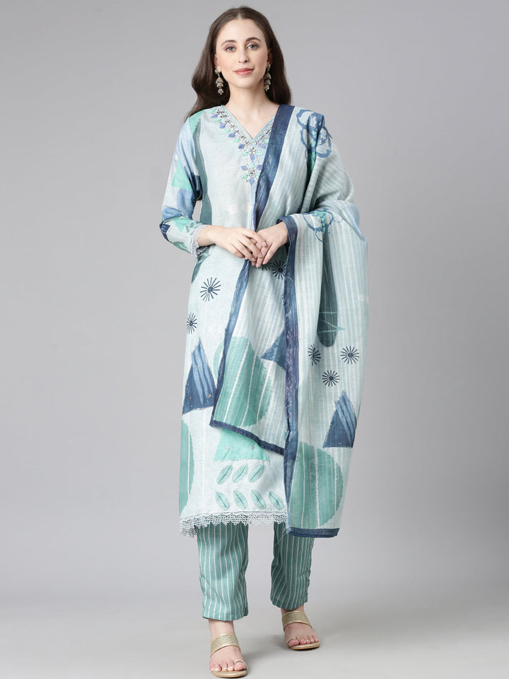 Neerus Grey Printed Straight Kurta and Trousers With Dupatta