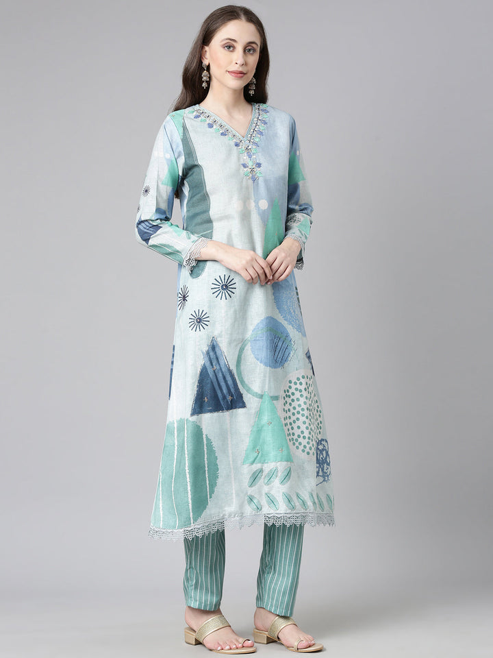 Neerus Grey Printed Straight Kurta and Trousers With Dupatta