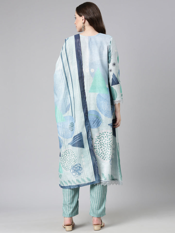Neerus Grey Printed Straight Kurta and Trousers With Dupatta