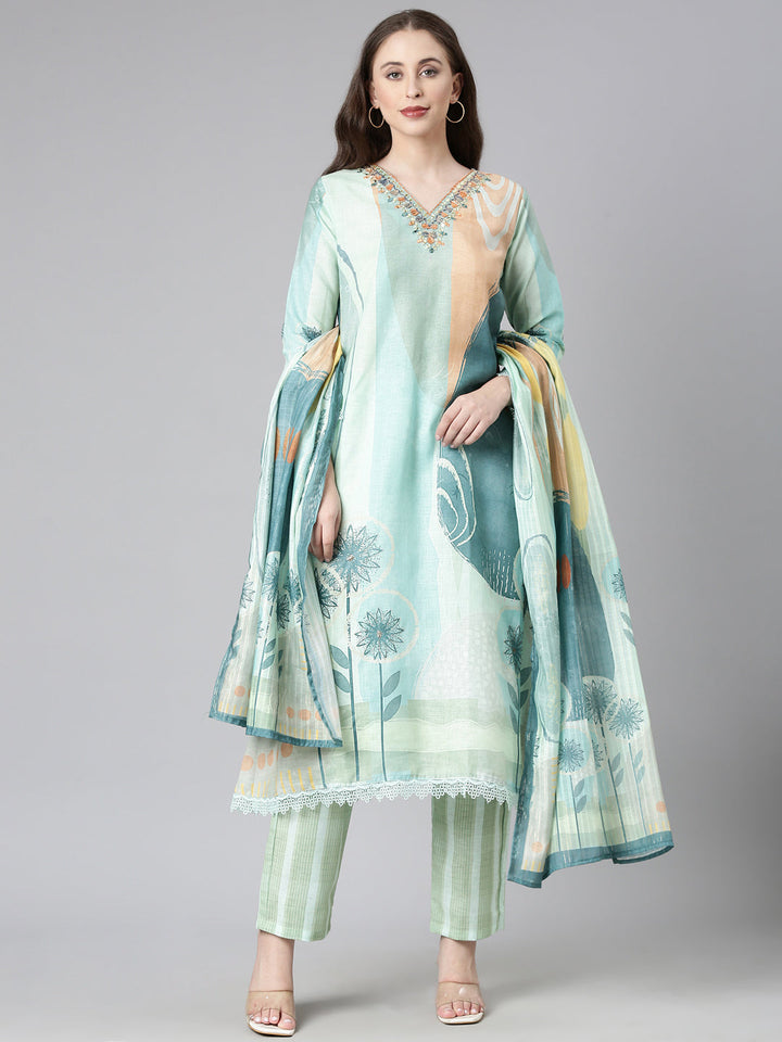 Neerus Sea Green Solid Straight Kurta and Trousers With Dupatta