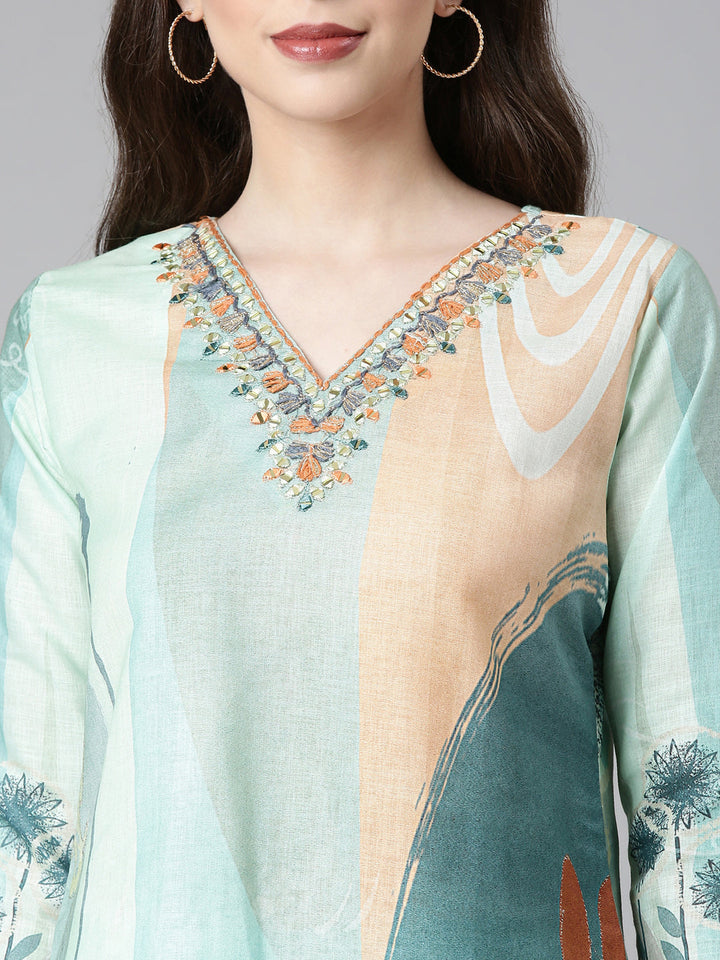 Neerus Sea Green Solid Straight Kurta and Trousers With Dupatta