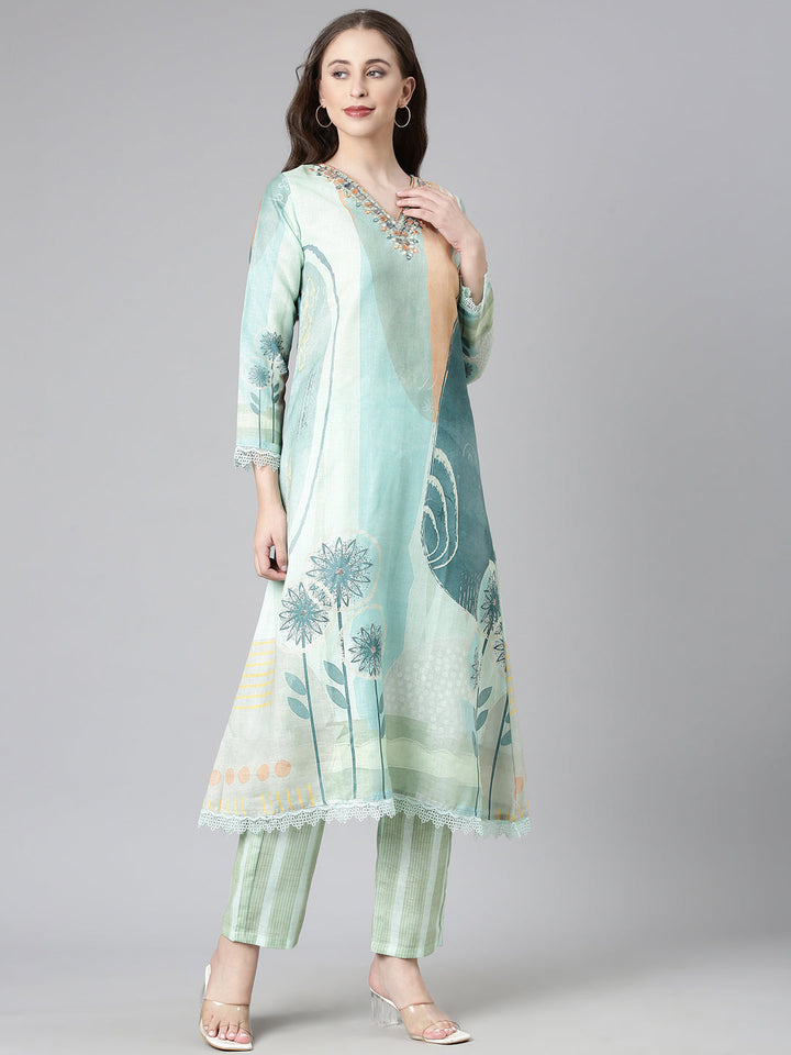 Neerus Sea Green Solid Straight Kurta and Trousers With Dupatta