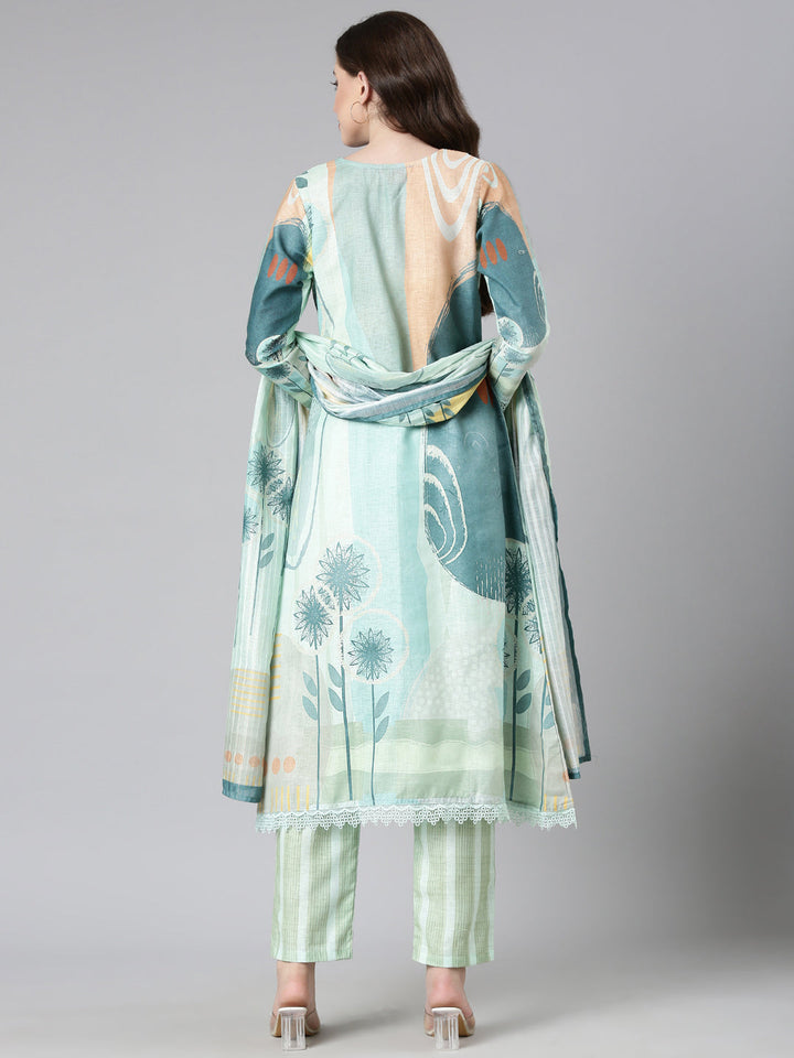 Neerus Sea Green Solid Straight Kurta and Trousers With Dupatta