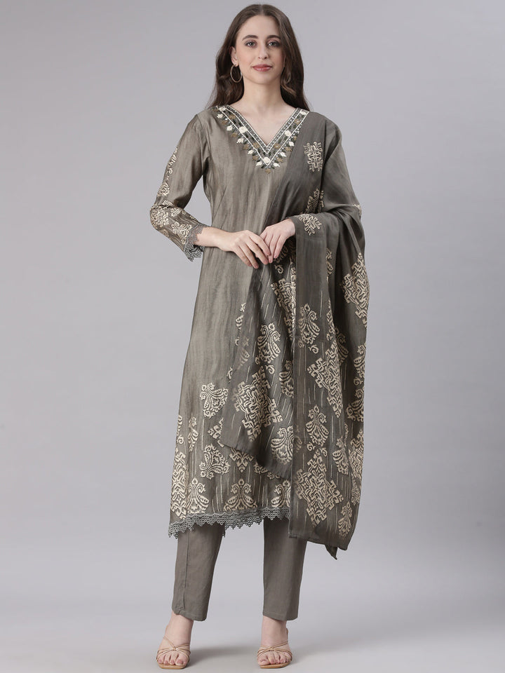 Neerus Grey Printed Straight Kurta and Trousers With Dupatta