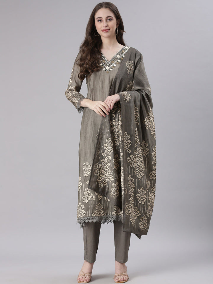 Neerus Grey Printed Straight Kurta and Trousers With Dupatta