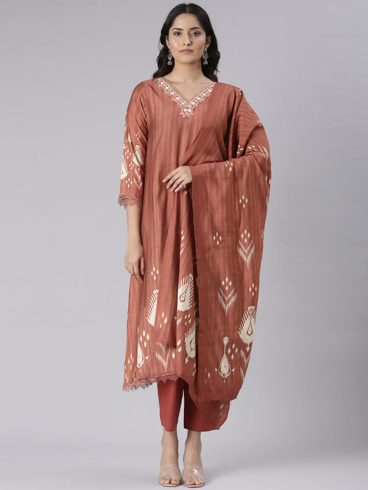 Neerus Rust Solid Straight Kurta and Trousers With Dupatta