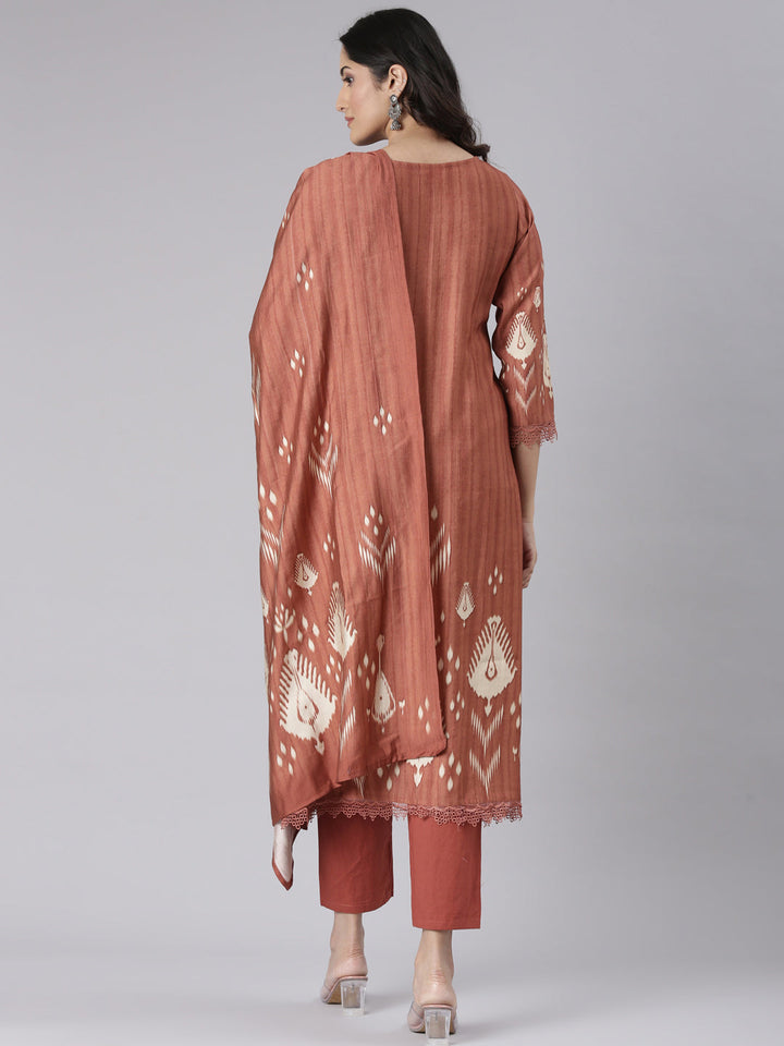 Neerus Rust Solid Straight Kurta and Trousers With Dupatta