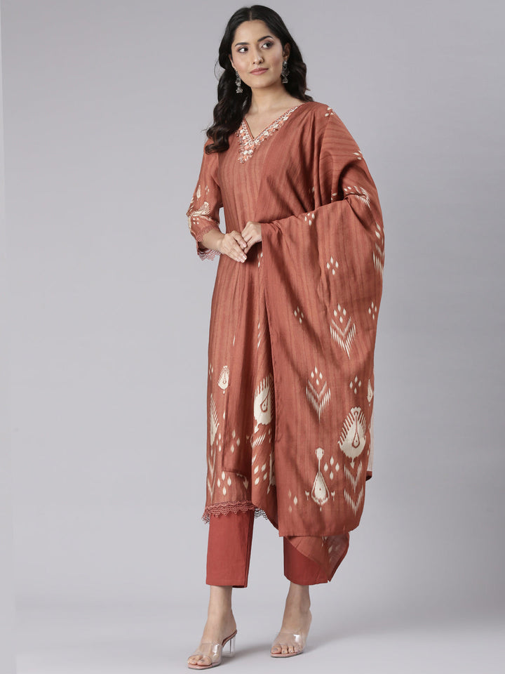 Neerus Rust Solid Straight Kurta and Trousers With Dupatta