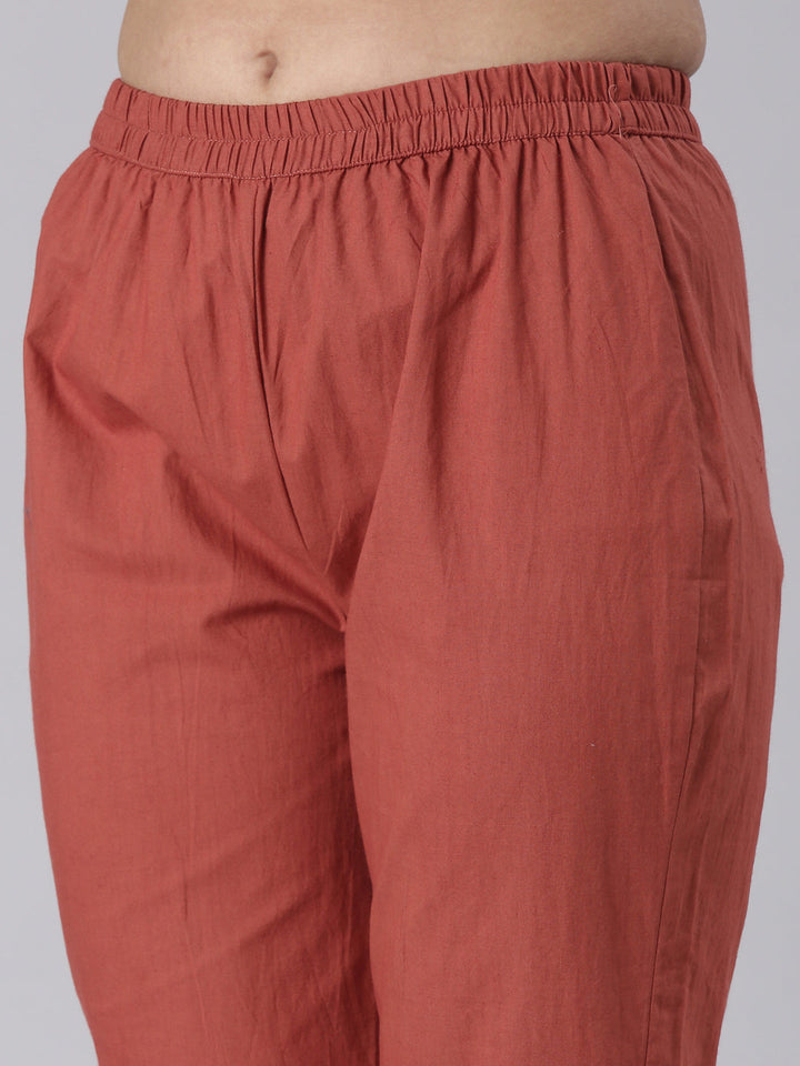 Neerus Rust Solid Straight Kurta and Trousers With Dupatta
