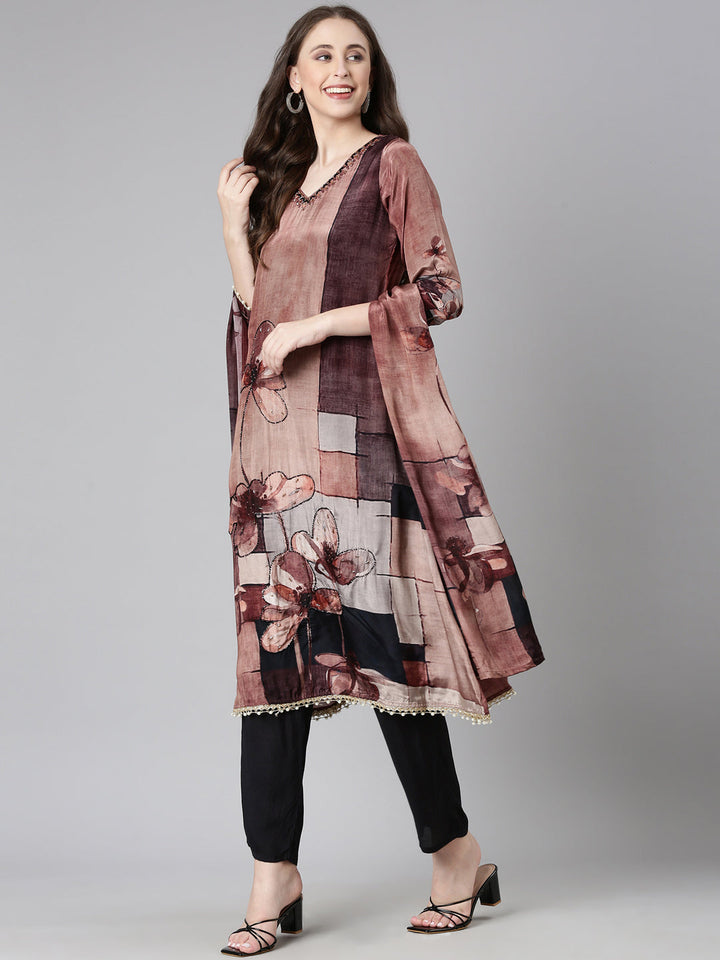 Neerus Brown Solid Straight Kurta and Trousers With Dupatta