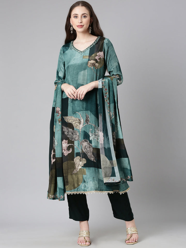 Neerus Green Solid Straight Kurta and Trousers With Dupatta