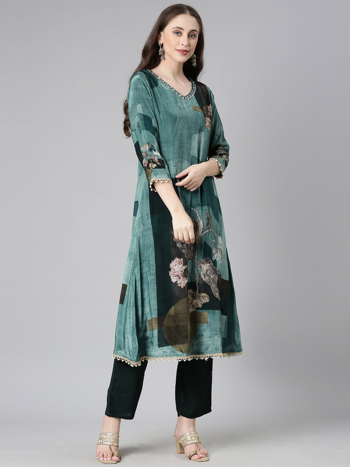 Neerus Green Solid Straight Kurta and Trousers With Dupatta
