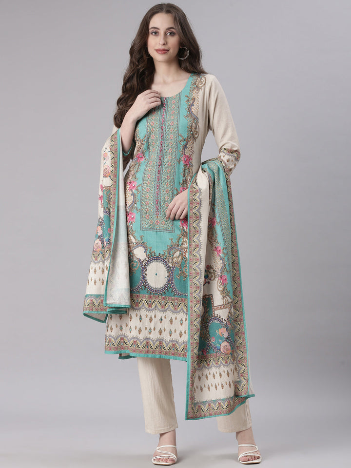 Neerus Beige Printed Straight Kurta and Trousers With Dupatta