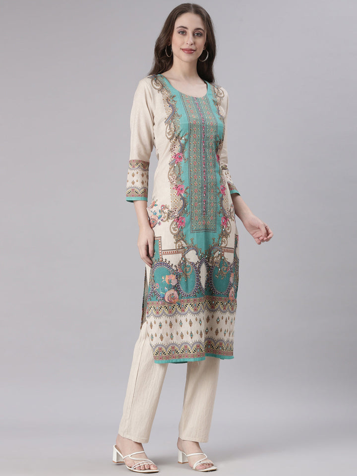 Neerus Beige Printed Straight Kurta and Trousers With Dupatta