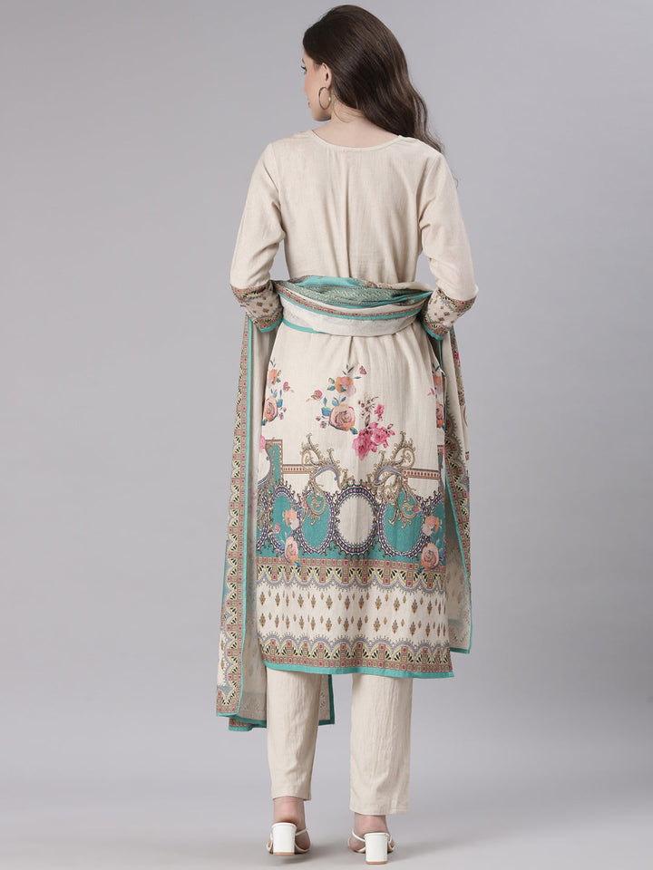 Neerus Beige Printed Straight Kurta and Trousers With Dupatta