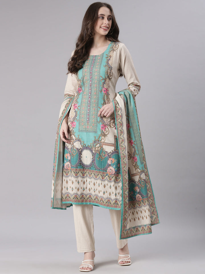 Neerus Beige Printed Straight Kurta and Trousers With Dupatta