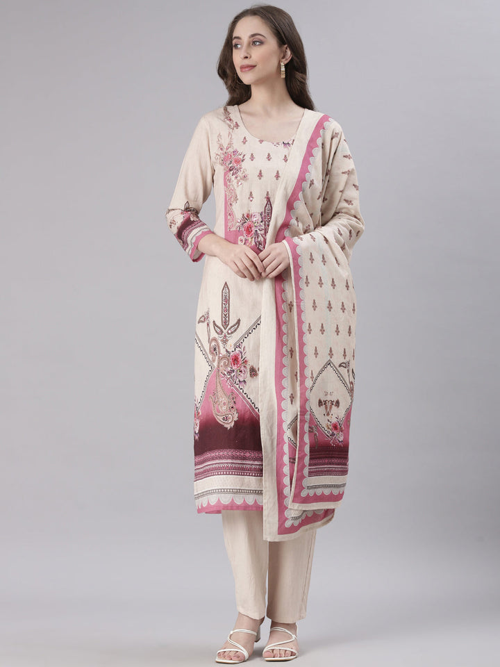Neerus Cream Printed Straight Kurta and Trousers With Dupatta