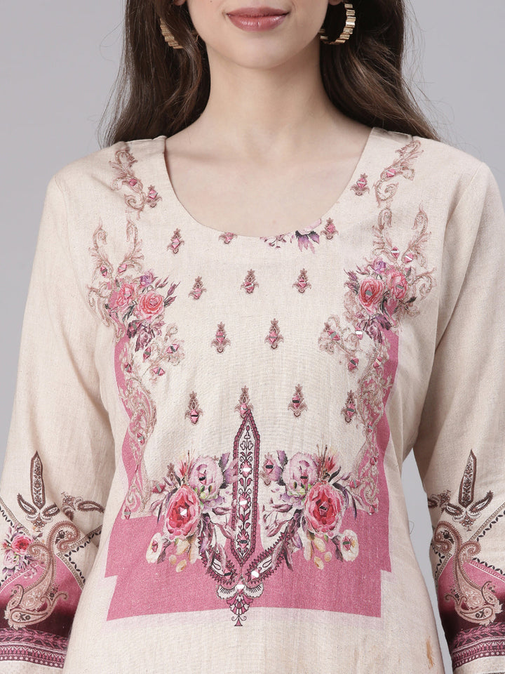 Neerus Cream Printed Straight Kurta and Trousers With Dupatta