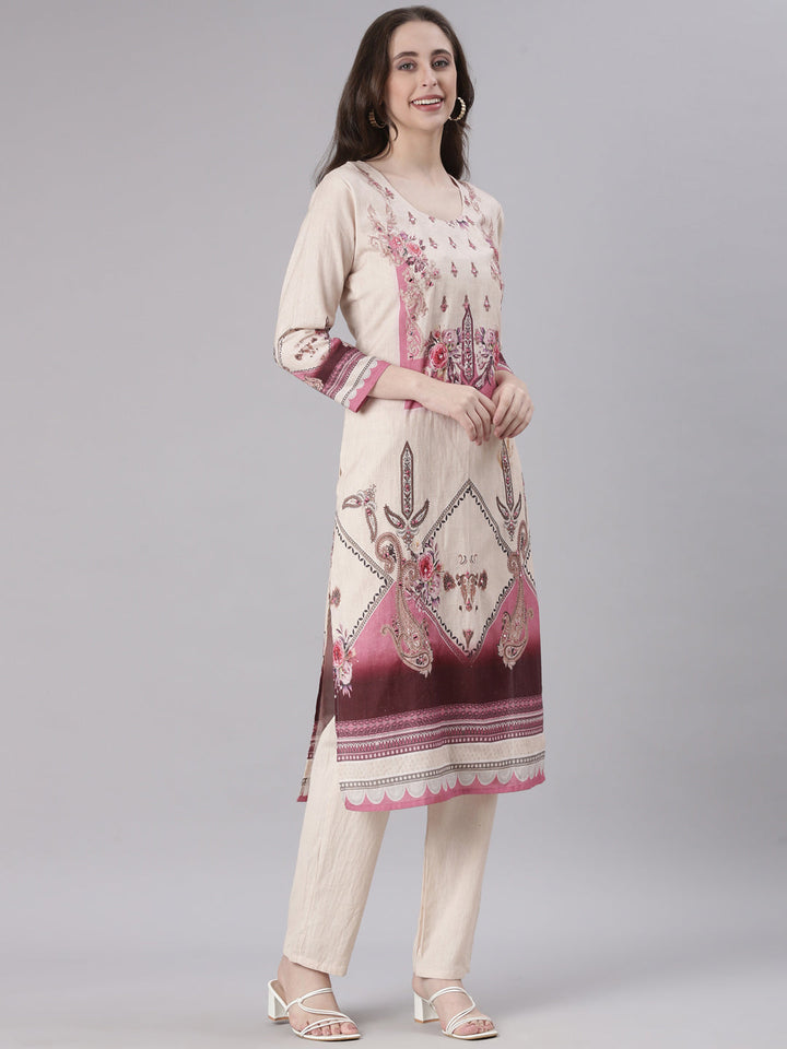 Neerus Cream Printed Straight Kurta and Trousers With Dupatta