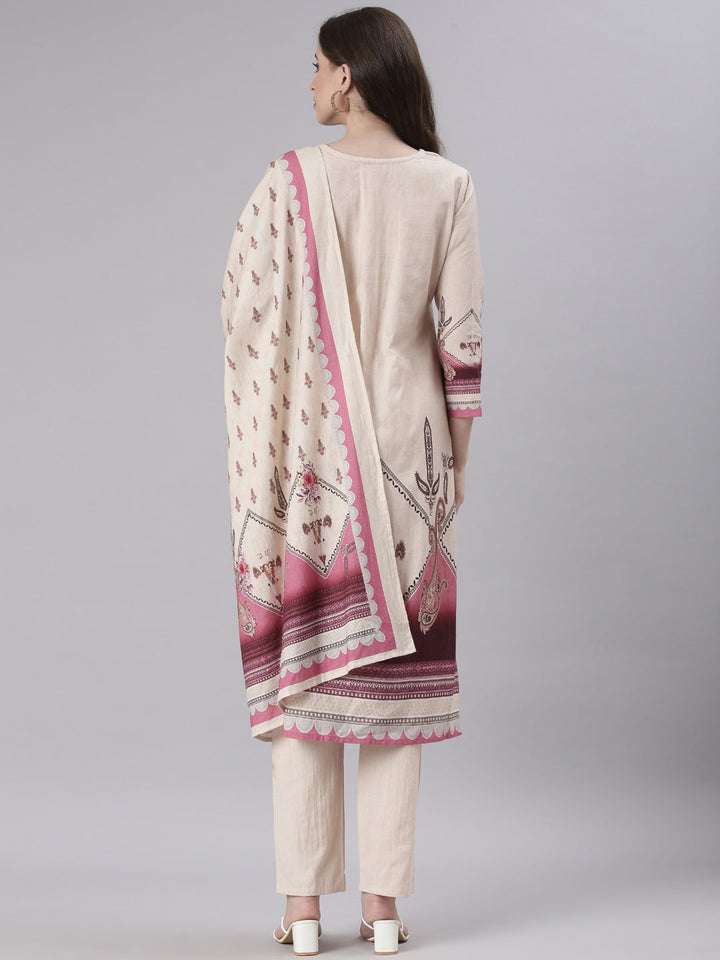 Neerus Cream Printed Straight Kurta and Trousers With Dupatta