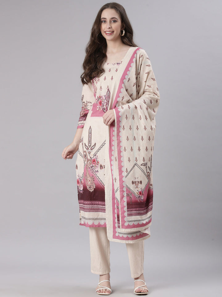 Neerus Cream Printed Straight Kurta and Trousers With Dupatta