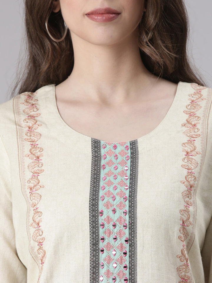 Neerus Off White Printed Straight Kurta and Trousers With Dupatta