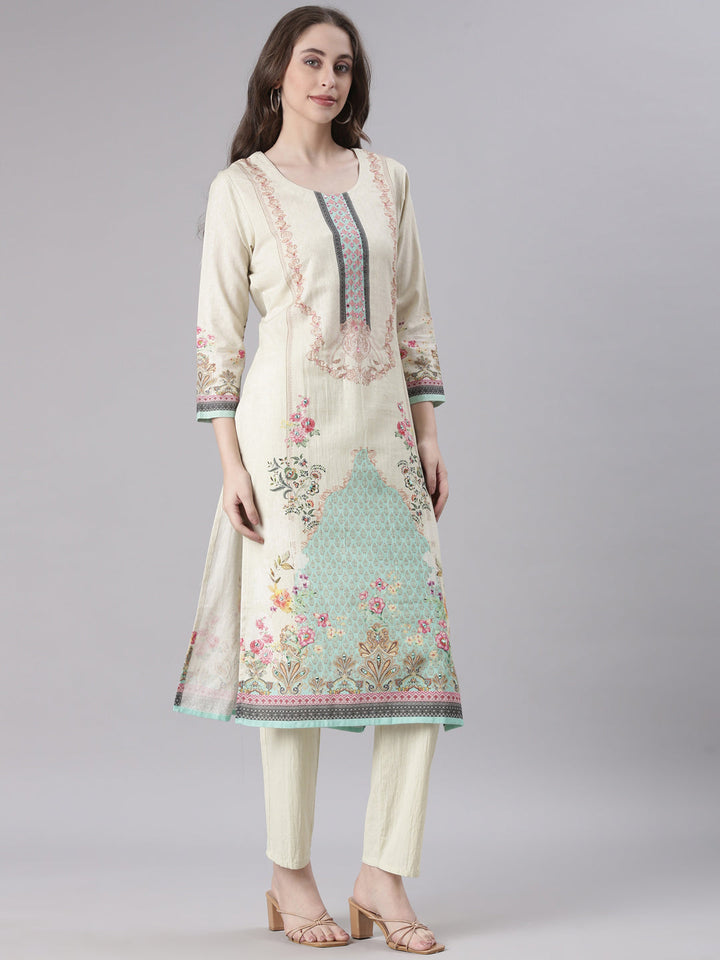 Neerus Off White Printed Straight Kurta and Trousers With Dupatta