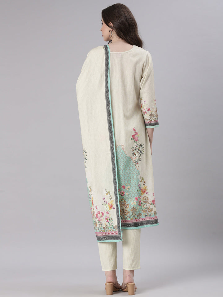 Neerus Off White Printed Straight Kurta and Trousers With Dupatta